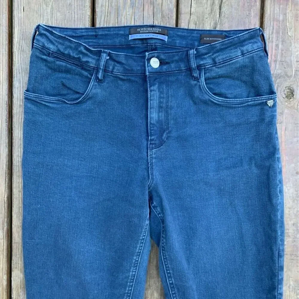 Scotch & Soda Womens Maison Boyfriend Jeans Blue Stretch Fringe Slim Fit 29